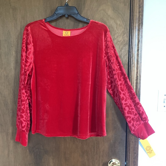 3/$45 Ruby rd velvet red top with abstract animal print leopard print sleeves PL - Picture 14 of 17